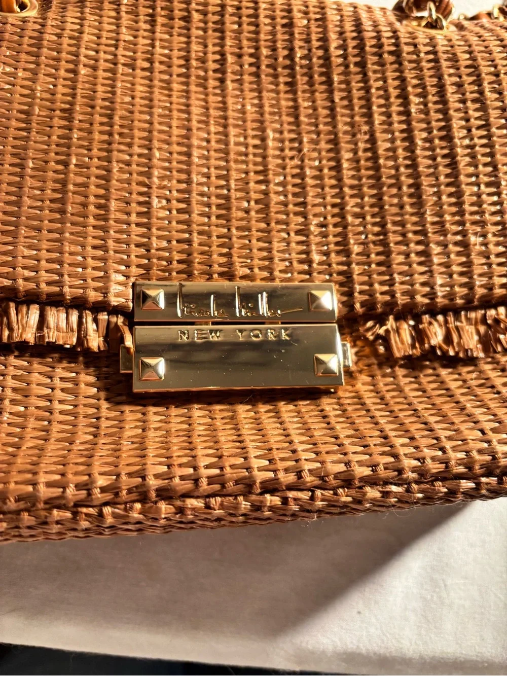 Woven Tan Crossbody Bag with Gold Chain Strap